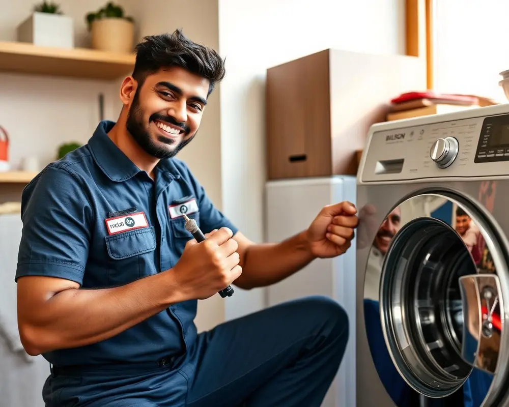 Trained MysoreFix technician repairing a washing machine at a customer's home in Mysore
