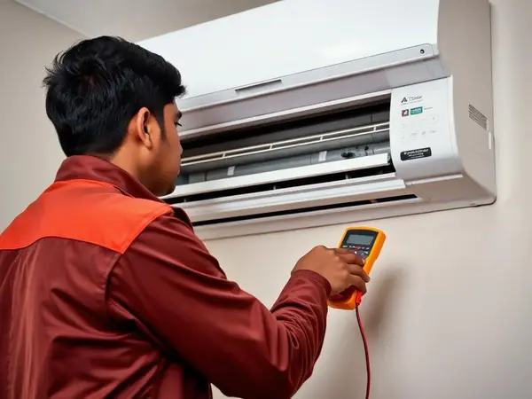 Technician servicing a split AC indoor unit with a multimeter