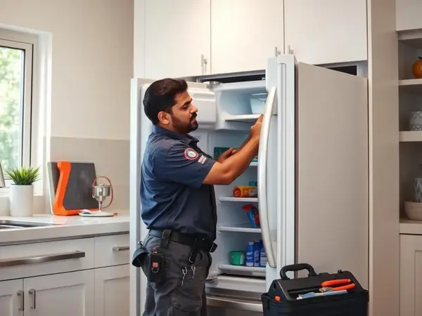 Technician inspecting a refrigerator during a doorstep service call in Mysore